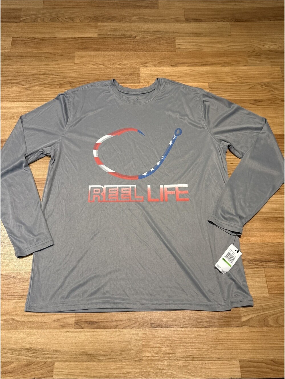 Reel Life Gray Long Sleeve Performance Fishing Shirt With Fish Hook Logo Size L